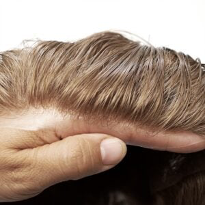 A mans hair with his hand on hair.