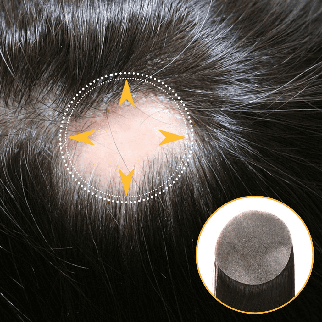 A closeup look at the hair of a person with a empty spot on there